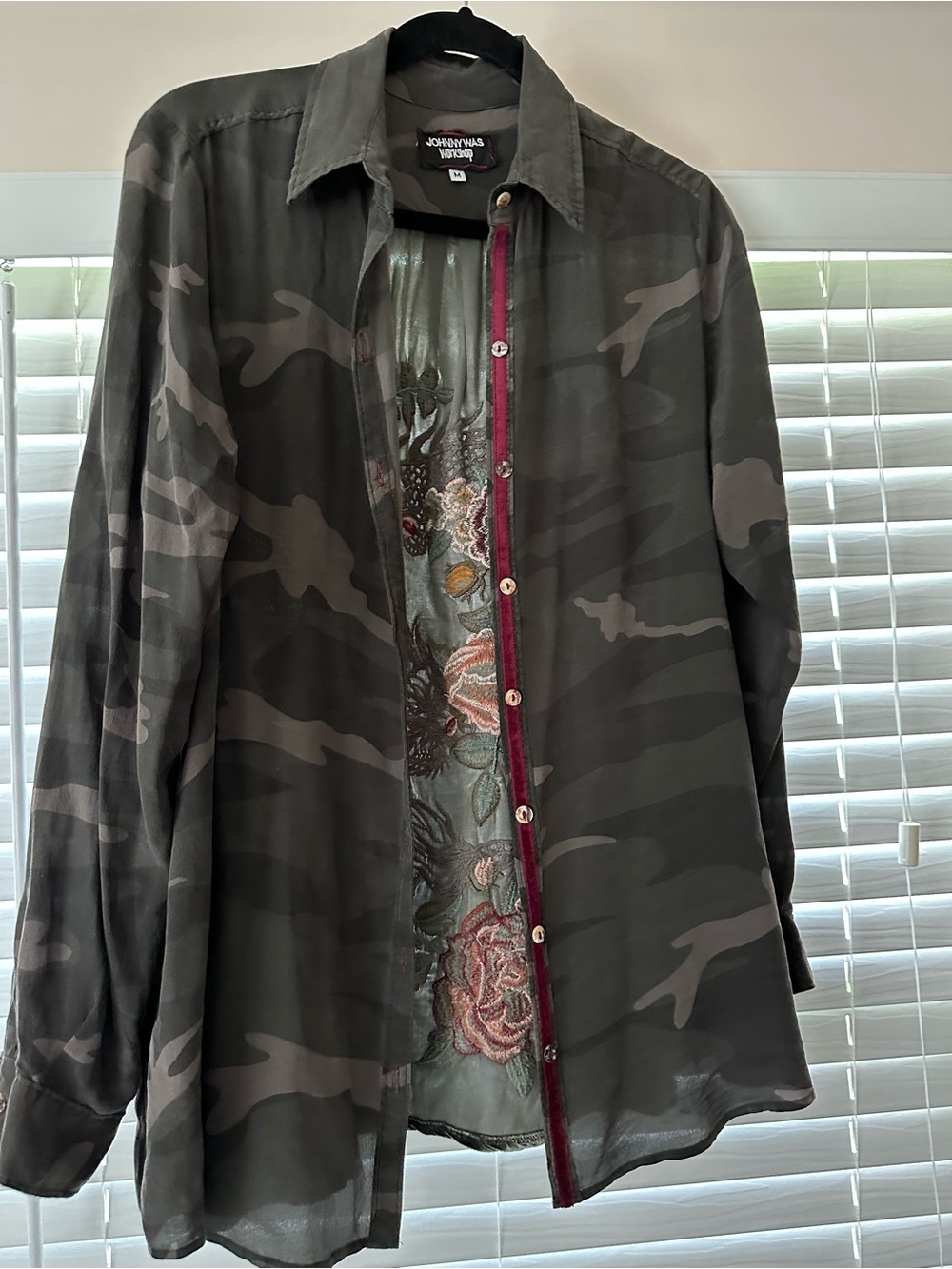 Johnny Was Olive Green Sheer Blouse with Burgundy Velvet Trim